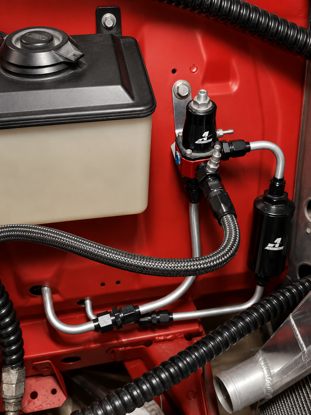 Aeromotive fuel-pressure regulator and braided lines plumbed against a red firewall