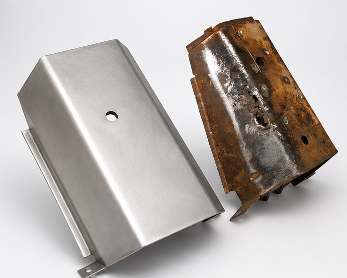 Restored stainless sheet-metal panel beside the rusted original it replaced